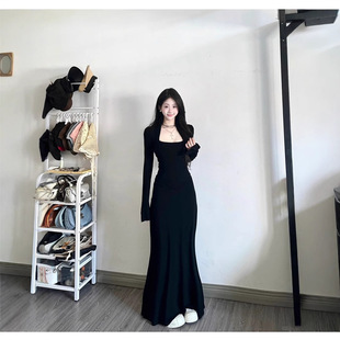 黑色步步生莲鱼尾连衣裙女秋冬季新款内搭包臀梨形伯克利长裙子