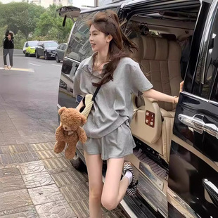 时尚 女大码 韩版 两件套短袖 男洋气家居服 运动套装 短裤 夏季