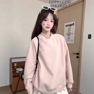 浅粉色半高领卫衣女秋冬加绒加厚韩系减龄小众休闲甜妹风上衣百搭