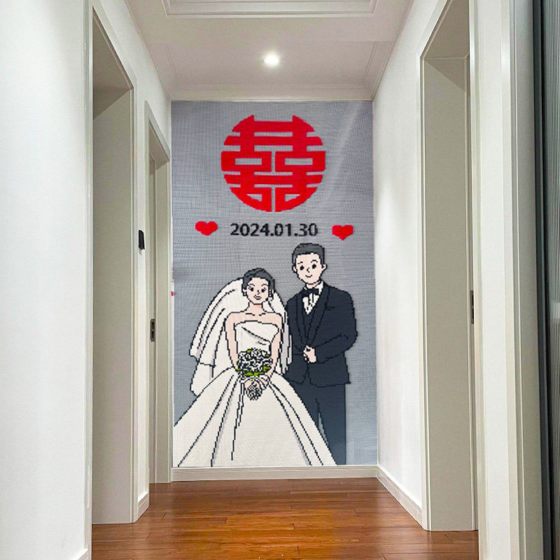 结婚人像定制婚纱照拼装积木墙像素画婚纱照卡通设计画入户装饰画