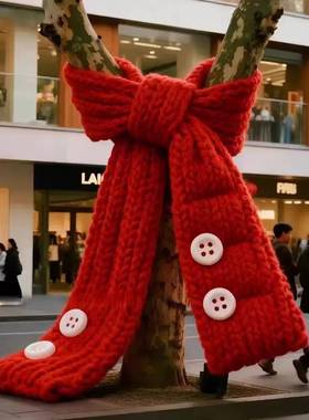 2026巨型红色大树围巾装饰户外商业街景区树木针织蝴蝶结美陈定制