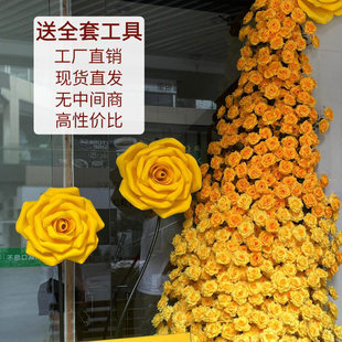 DIY玫瑰花瀑布墙商场服装门店门头装饰布置玫瑰假花网红打卡花墙