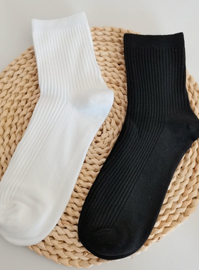 纯棉袜子男女士运动双针袜简约中筒船黑色直筒通勤透气夏季短薄款