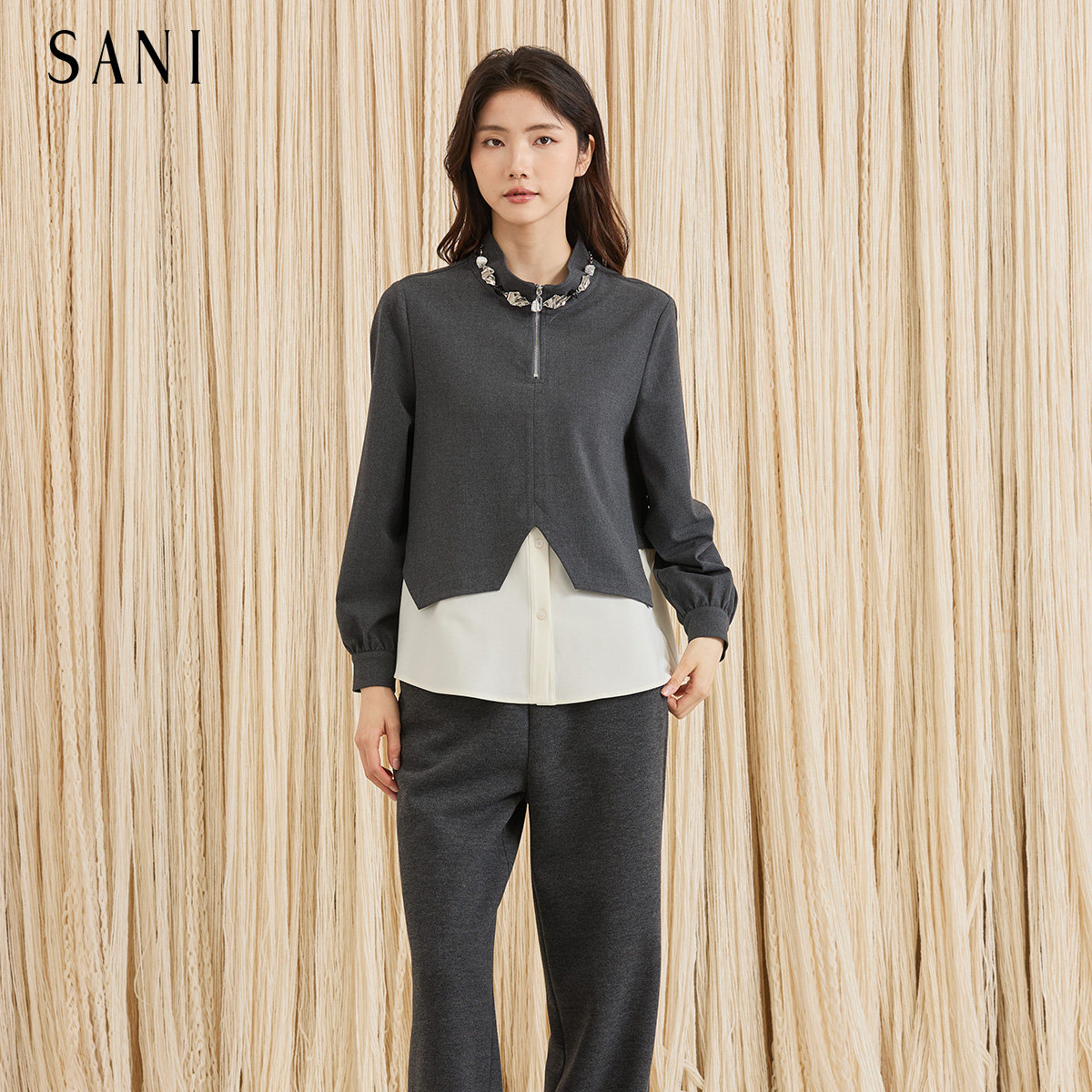 SANI商场同款小众设计气质拼接百搭日常通勤长袖卫衣女26秋冬上衣