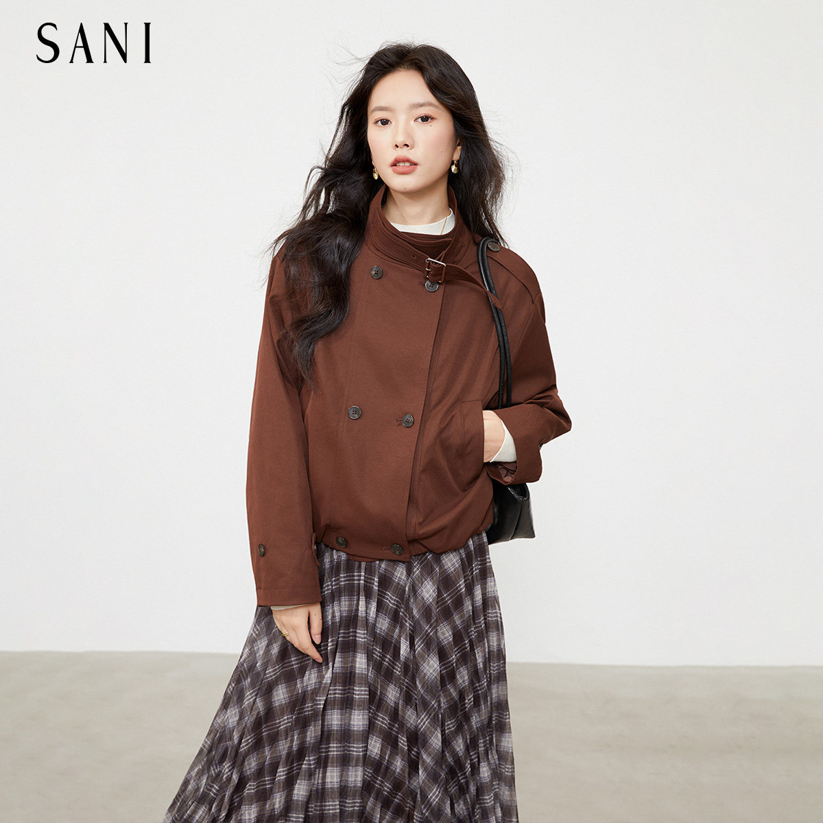SANI商场同款气质休闲短款立领夹克外套女装26秋冬宽松长袖上衣