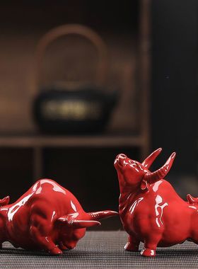 陶瓷茶宠摆件紫砂红牛家居风水摆件扭转乾坤牛气冲天茶玩吉祥物批