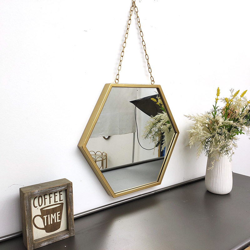 北欧铁艺六边形洗漱台壁挂式化妆镜挂墙镜酒店卫生间浴室镜子