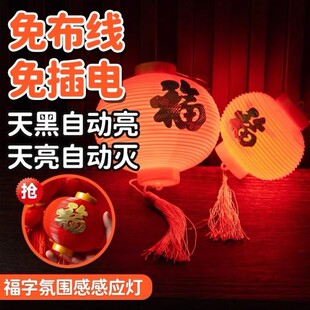 新年小红灯笼电池LED福字灯笼免插电自动亮户外树上装饰盆栽挂饰