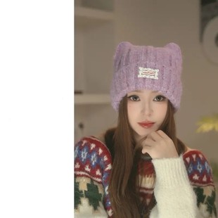 羊毛混纺秋冬加厚可爱猫耳帽子防风毛线帽针织帽冬季保暖冷帽Nana