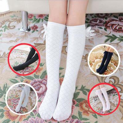 Girls Socks Knee High Bowknot Plaid for Children Kids Causal