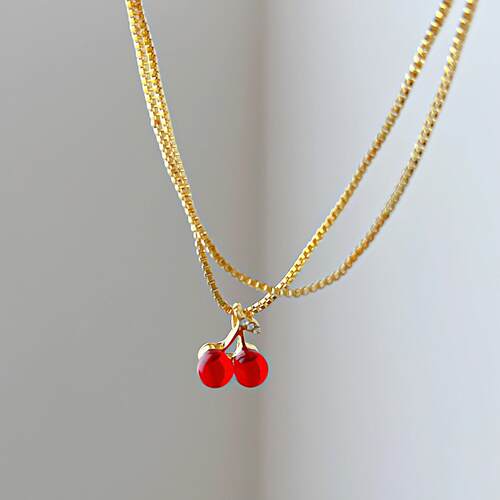 Red cherry pendant necklace women跨境红色樱桃吊坠项炼女小众