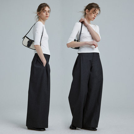 1747 智性松弛感 百褶拼片 砂洗仿牛仔宽松阔腿休闲裤