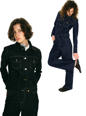 1747 时髦高智感原生丹宁牛仔极简修身套装 修身明线牛仔外套长裤