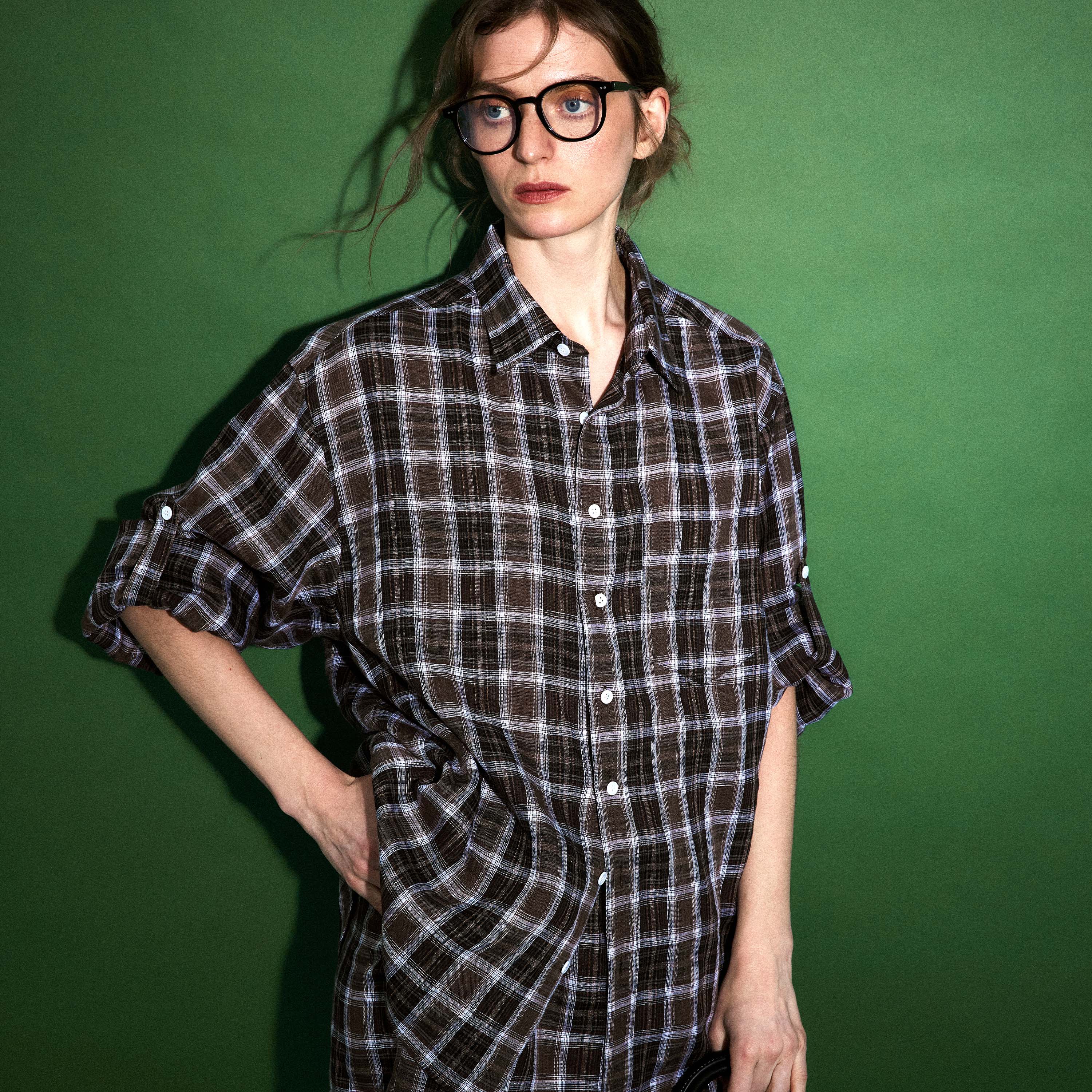 1747「100％亚麻」高智感英伦老钱风格纹长袖短裤 时髦懒人套装