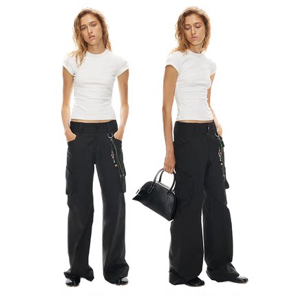 1747 拼接口袋解构休闲工装裤 黑色高街百搭长裤 CASUAL PANTS