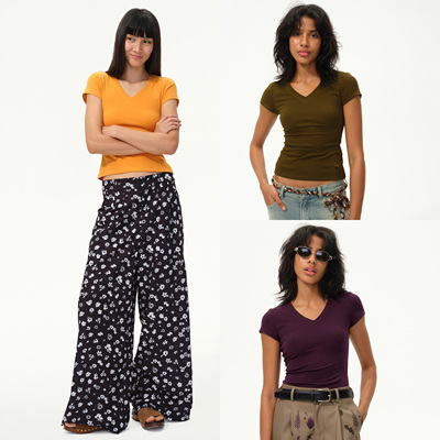 1747 高能量复古V领小飞袖T恤 修身百搭刺绣基础短袖