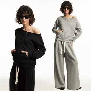 1747 云朵空气棉斜肩U领随性松弛休闲拉链卫衣 一衣两穿