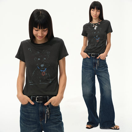 1747 雪纳瑞手绘小狗图案｜亚麻棉抽象做旧印花圆领短袖