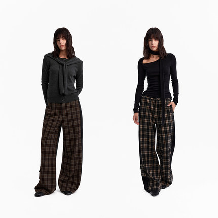 1747 前后拼接异料解构设计复古针织格纹休闲卫裤