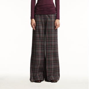 松弛感微阔宽松廓形休闲格子长裤 1747 复古英伦高级货酒红格纹