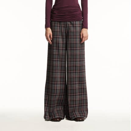 1747 复古英伦高级货酒红格纹 松弛感微阔宽松廓形休闲格子长裤