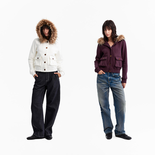 纽扣连帽卫衣 90s复古短款 1747 可拆卸狐狸毛领