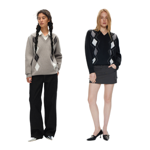 休闲廓形套头毛衣 复古学院风撞色菱格V领设计针织衫 1747 美式
