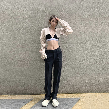 1747 中缝踩线西裤 开叉高街休闲长裤 百搭垂坠感直筒裤 男女同款