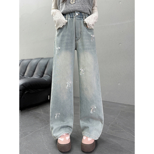 女童加绒牛仔裤秋冬季2024新款儿童冬装加厚裤子初中生直筒阔腿裤