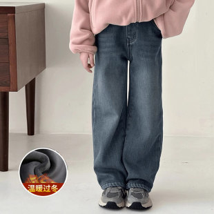 女童加绒裤子秋冬款2025新款儿童女大童一体绒加厚休闲阔腿牛仔裤