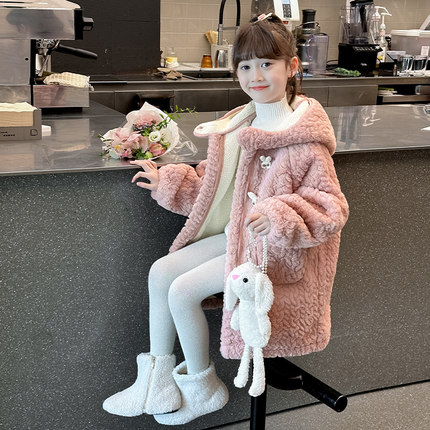 女童加绒外套秋冬2024新款儿童加厚毛毛衣冬季女孩中长款保暖上衣
