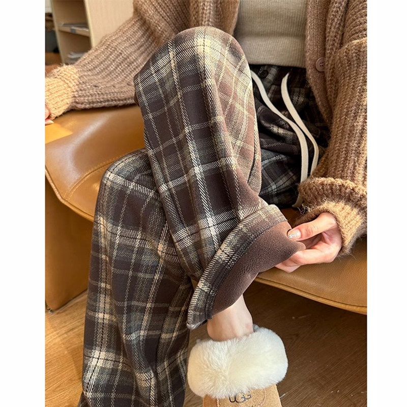 女童加绒加厚裤秋冬2025新款羊羔绒格子运动裤高腰保暖休闲阔腿裤