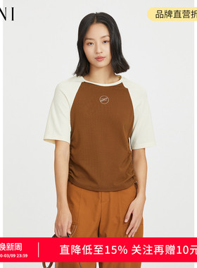 SANI奥莱特卖商场同款刺绣春秋季圆领拼色抽绳显瘦插肩短袖T恤女