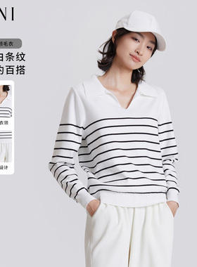 SANI奥莱甄选商场同款经典黑白条纹毛衣女V领套头休闲针织衫25秋