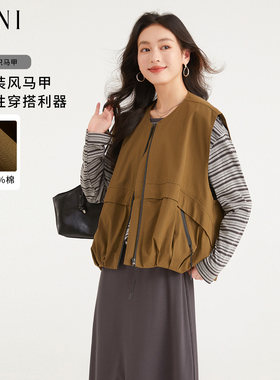 圆领拉链纯棉老钱风复古马夹女