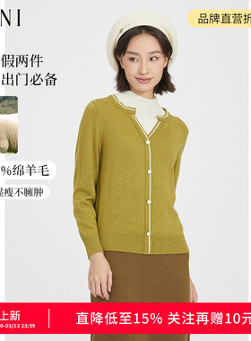 SANI奥莱特卖舒适绵羊毛圆领撞色拼接假两件针织衫百搭毛衣女冬季