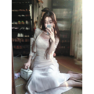 2025早秋新款 系带半裙气质三件套女 温柔甜美粉色网纱拼接吊带开衫