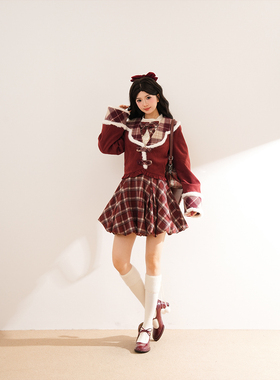 新年氛围感甜美减龄假两件连衣裙拼接毛毛边红色格纹花苞收腰短裙