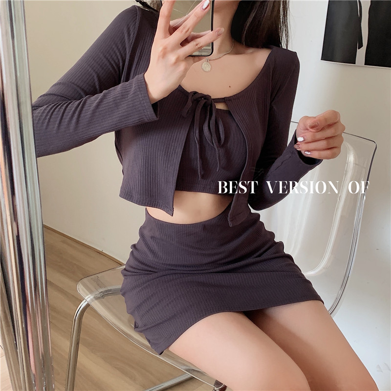 Real price sexy fashion long sleeve cardigan bra skirt three piece suit