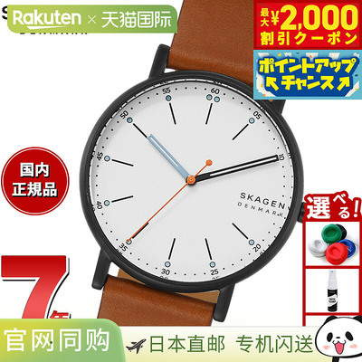 日本直邮Skagen 男士签名中号棕色皮革手表 SKW6374