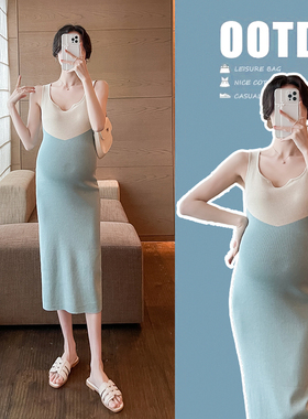 网红孕妇装针织法式方领撞色无袖韩版修身显瘦性感吊带背心连衣裙