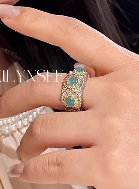 凌溪珠宝 | 小雏菊蓝玛瑙重工戒指中古风拉丝宽面轻奢小众银镀铑