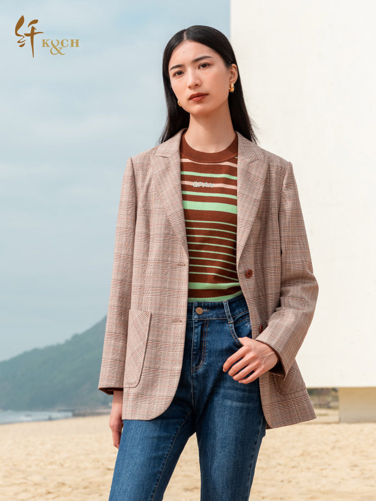k&ch纤牌女装4春季新款西装复古戗驳领格纹小众设计感外套潮