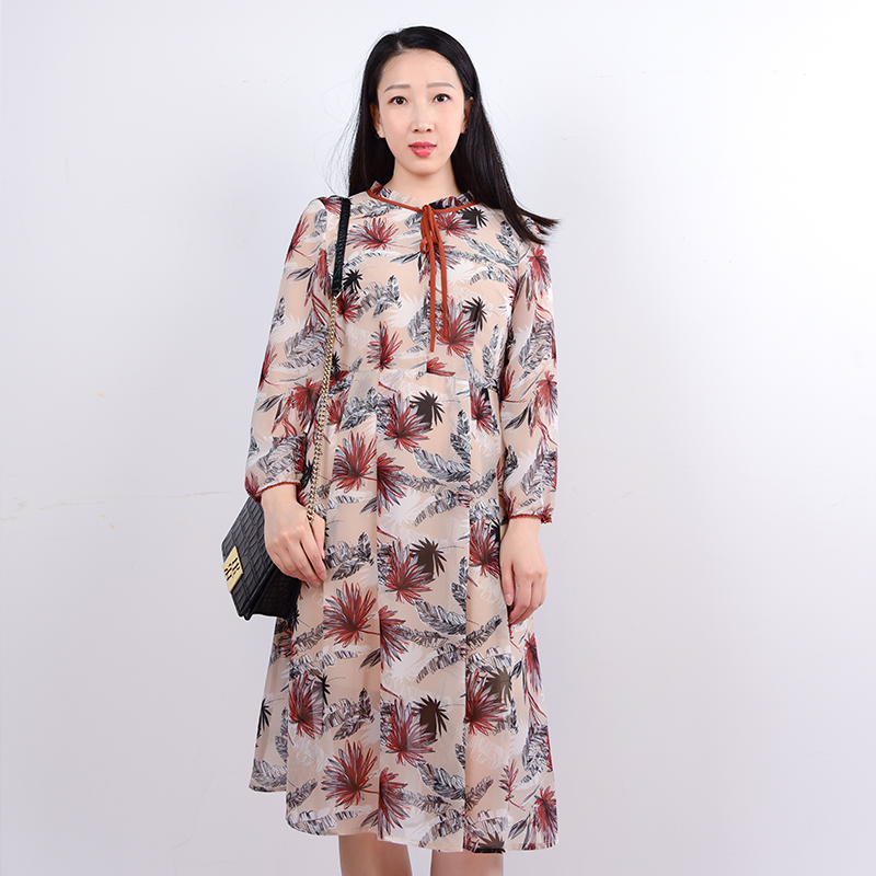 K&CH/纤牌女装春秋新款荷叶领系带印花雪纺长袖连衣裙C191S138C1