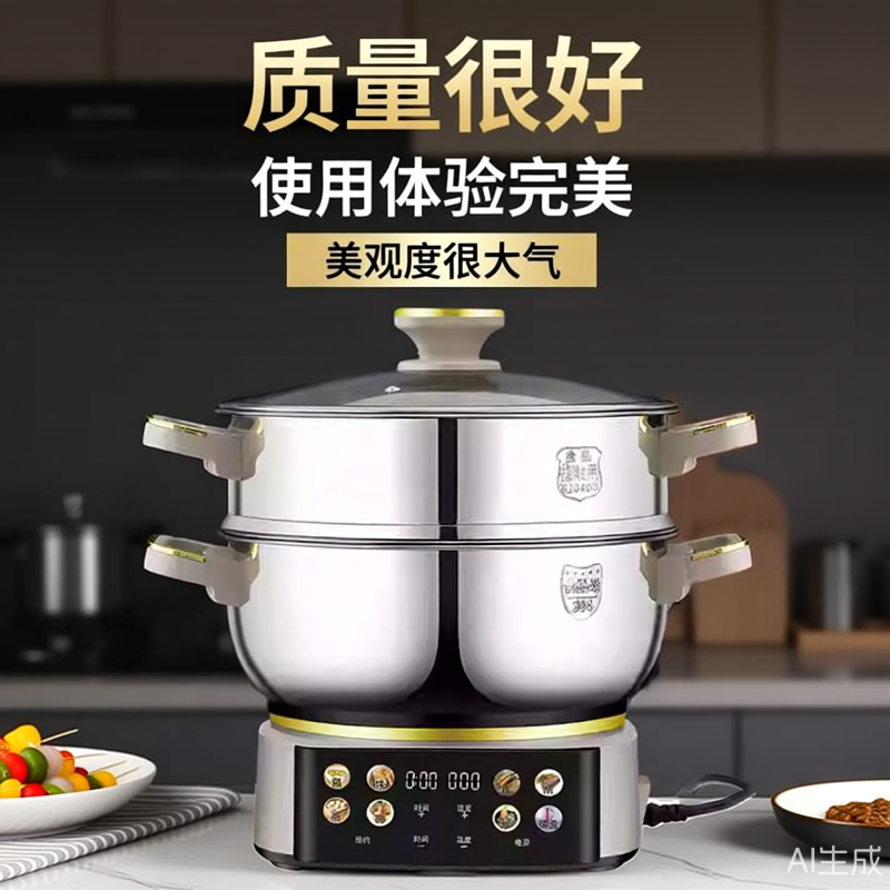 智能语音预约定时304不锈钢蒸煮炸炖涮自动保温电蒸锅电煮一体锅