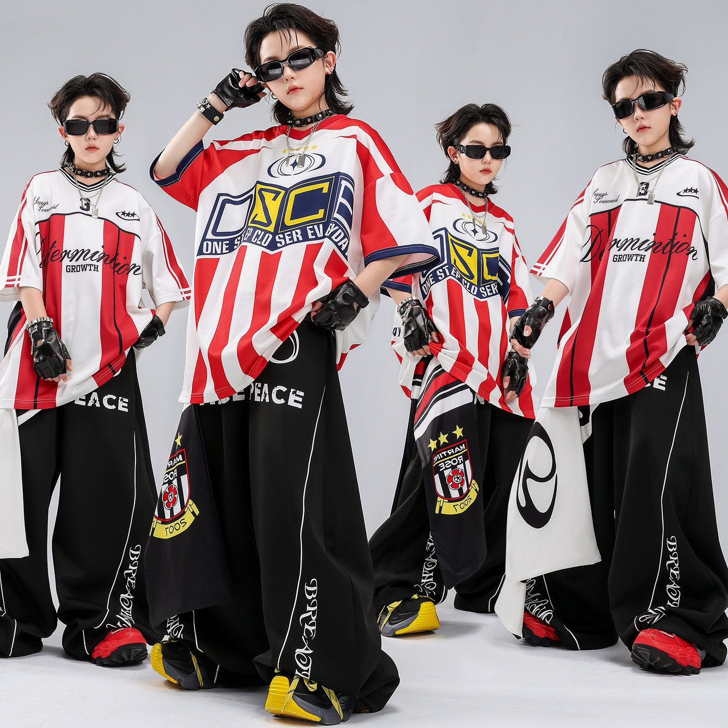 儿童街舞潮服男童嘻哈红白条纹表演服套装幼儿hiphop潮装演出服男