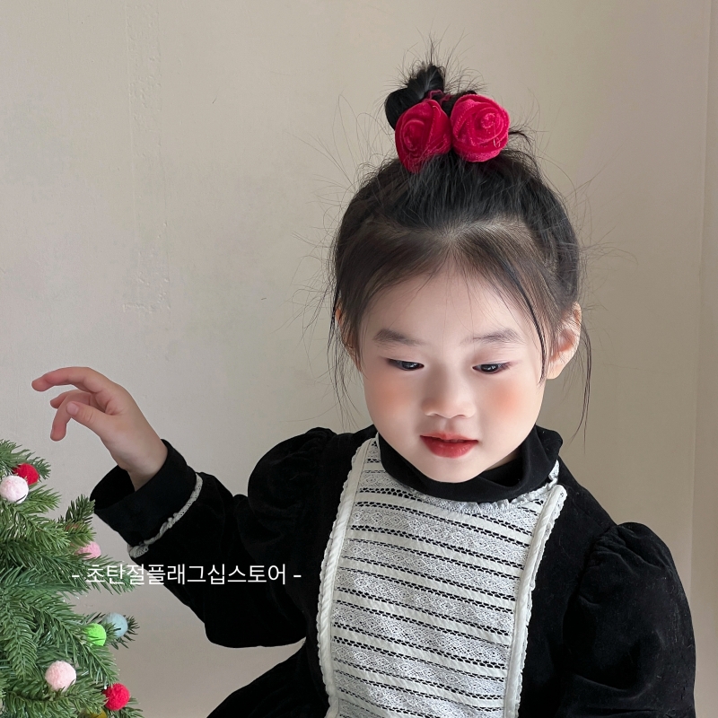 红色丝绒花朵新年扎发头饰儿童发饰2025过年发绳皮筋女孩发圈女童