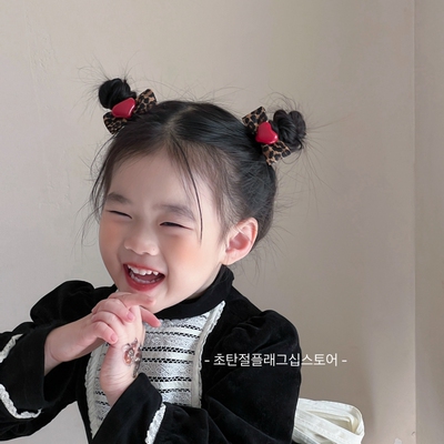 红色爱心豹纹秋冬蝴蝶结发圈发夹儿童发卡碎发夹女童发绳皮筋头饰