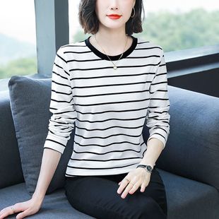 大码 中年条纹纯棉长袖 t恤上衣女春秋胖mm宽松遮肚圆领洋气打底衫