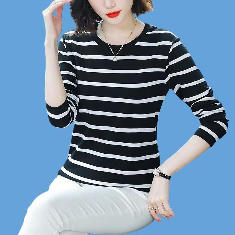 大码中年妈妈减龄纯棉圆领条纹长袖T恤女遮肚子显瘦洋气打底上衣